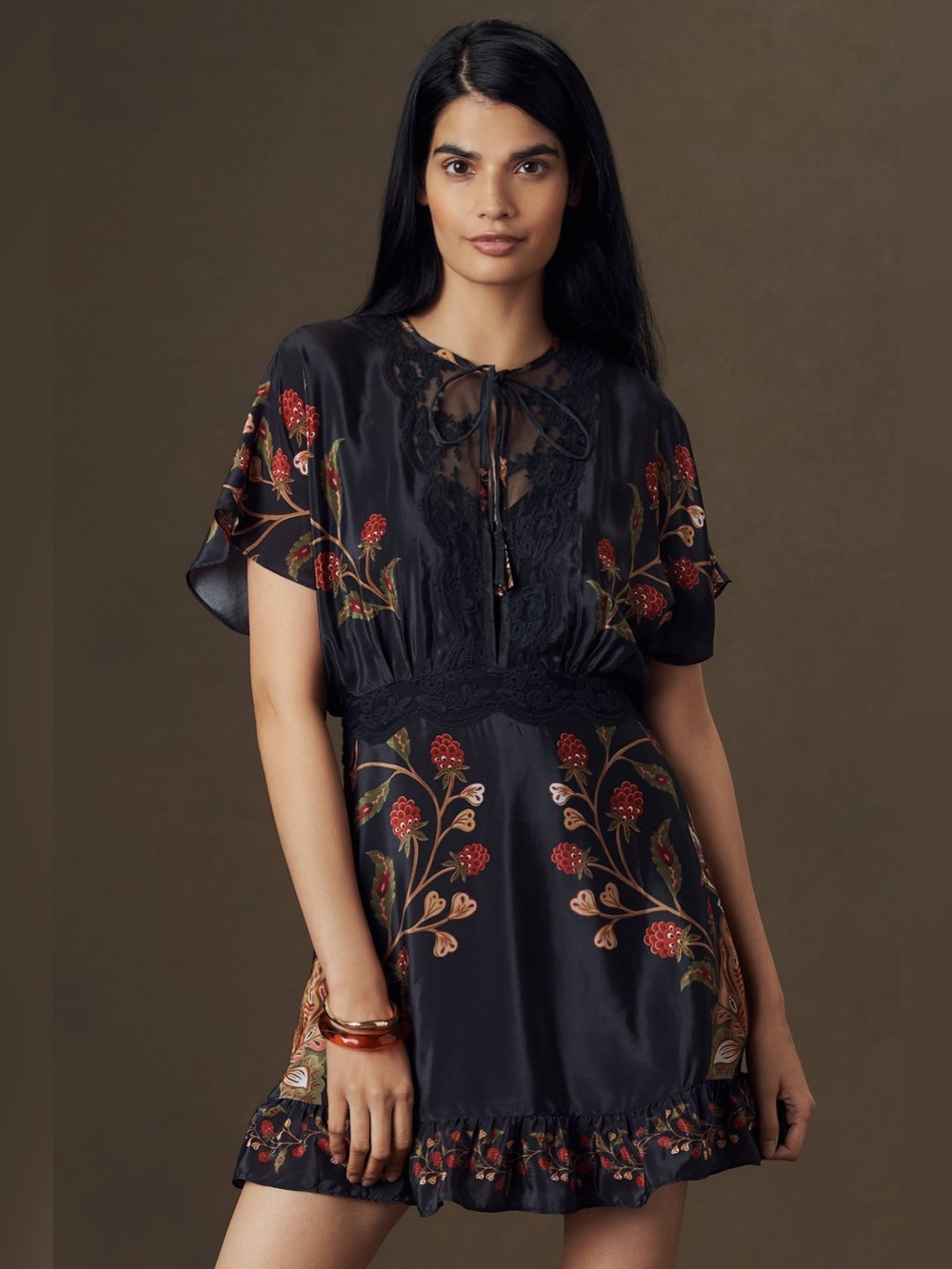 FARM Rio Berry Garden Black Dress Red Olive Floral Embroidery & Lace Paneling XL